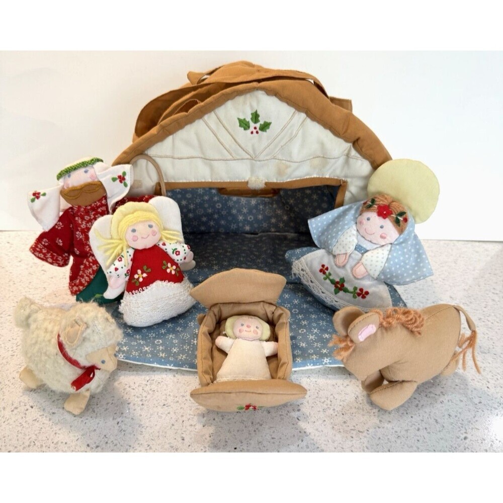 Vintage House of Hatten Plush Fabric Nativity Set Manger Soft Carry Case